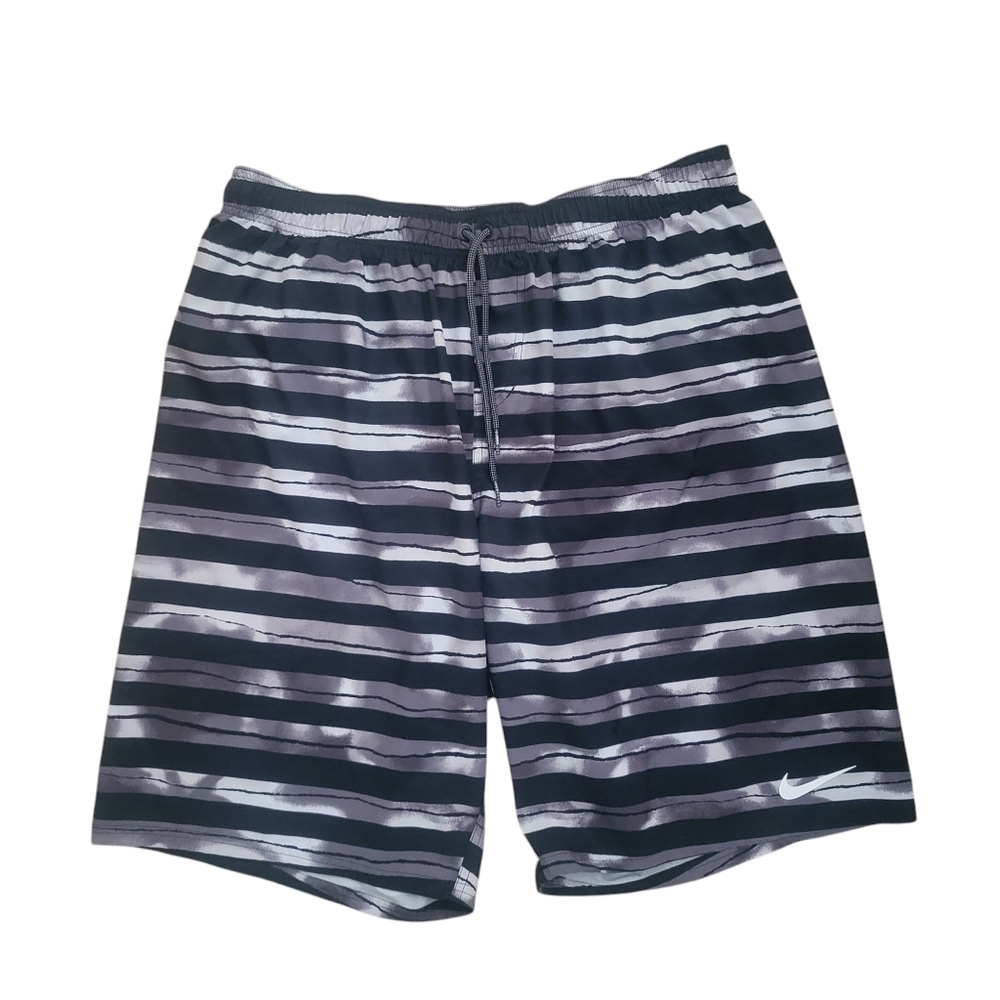 Nike Men's Black and Gray Striped Swim Shorts